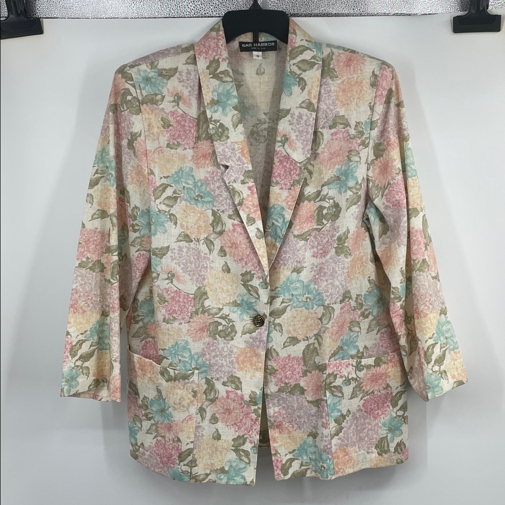 Vintage 90s Sag Harbor Floral Linen Blend Oversized Blazer Jacket Pastel Size 16